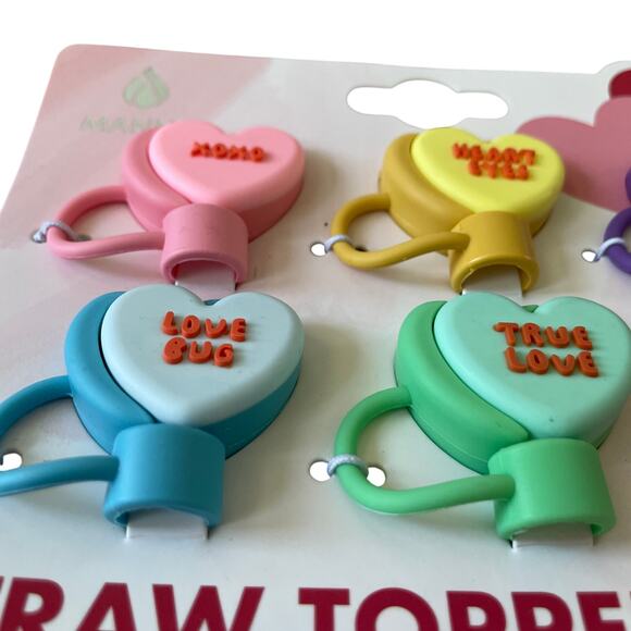 Conversation Heart Straw Toppers 6pk Valentines Day Multicolor Silicone XO New - Picture 5 of 12